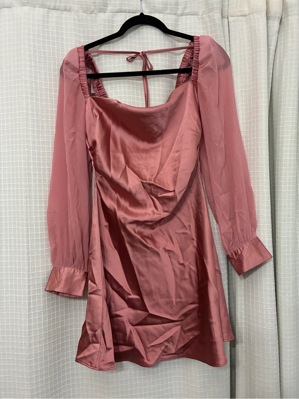 Rose Pink Satin Long-Sleeve Mini Dress